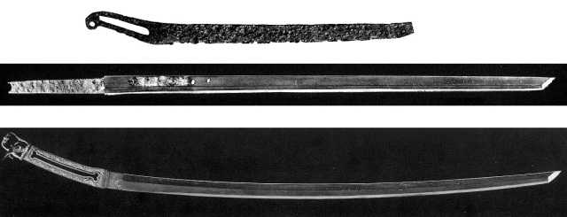 Bild 1:  Verschmelzung des warabide-tō (oben) mit festlandbasierten Klingen (Mitte) zum frühen wantō (unten).